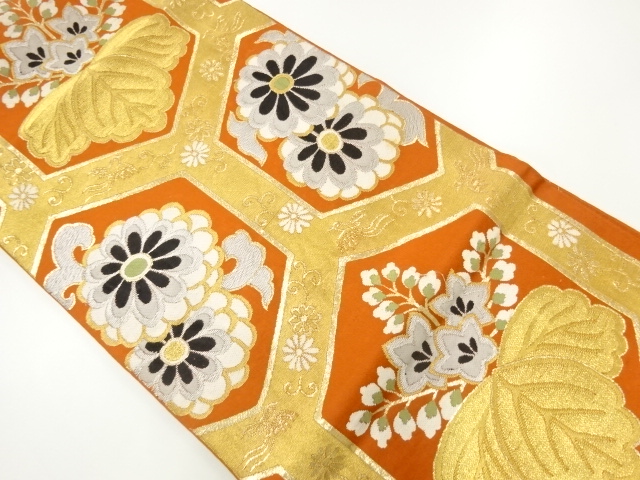 JAPANESE KIMONO / ANTIQUE FUKURO OBI / SILK / WOVEN KIKU & PAULOWNIA